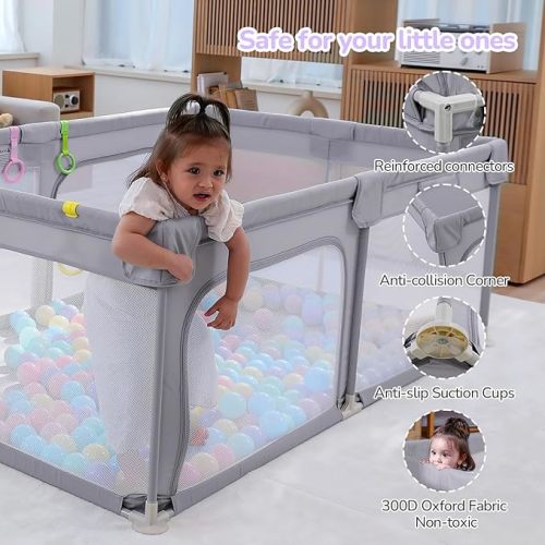 Dripex Baby Playpen, 71"×47" Play Pens for Babies and Toddlers, Safe Anti-Fall Play Yard with Gates, Baby Fence with Breathable Mesh, Indoor & Outdoor Kids Activity Center, Ash Grey