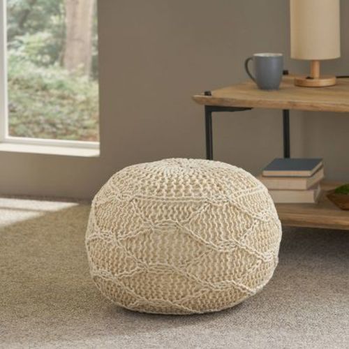 Morven Modern Knitted Cotton Round Pouf Ivory - Christopher Knight Home