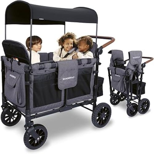 WONDERFOLD W4 Luxe Stroller Wagon (4 Seater) - Collapsible Wagon Stroller with Seats with Magnetic Buckle 5-Point Harnesses and Sun Canopy, Black