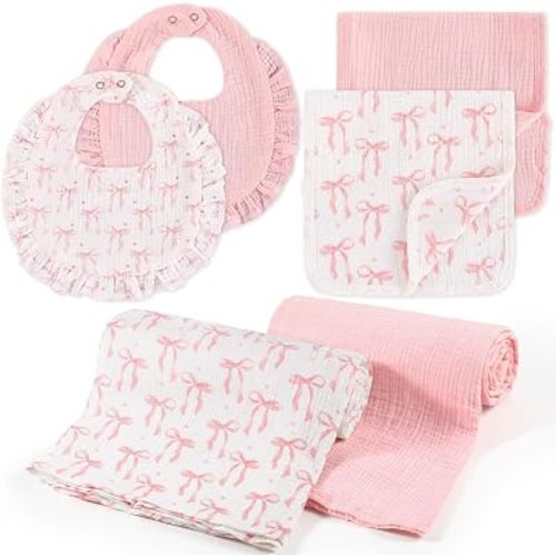 6 Piece Pink Bow Muslin Swaddle Blanket Newborns Baby Burp Cloths Bibs 100% Cotton Soft Breathable Bow Baby Cloths for Girl Newborns Gifts Nursery Decor