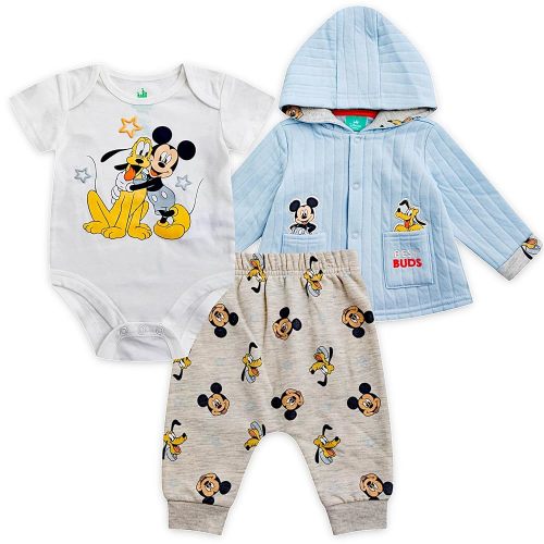 Disney Mickey Mouse “Best Buds” Baby Boys Pants Set with Bodysuit and Hooded Snap Quilted Jacket 3 Pack Set for Infant