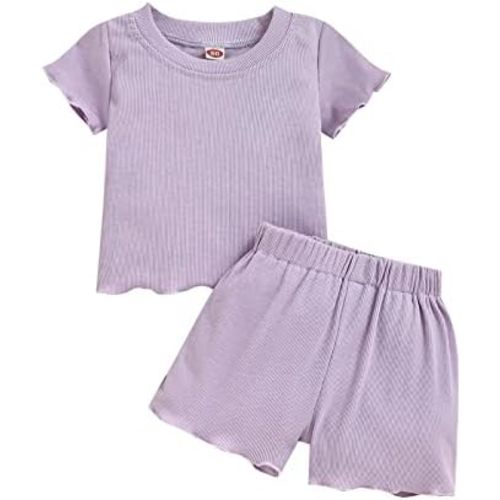 Toddler Baby Girl Summer Clothes Ribbed Knit Cotton Cute Summer Outfits Short Sleeves 2 Pieces Shorts Set 12M - 5T