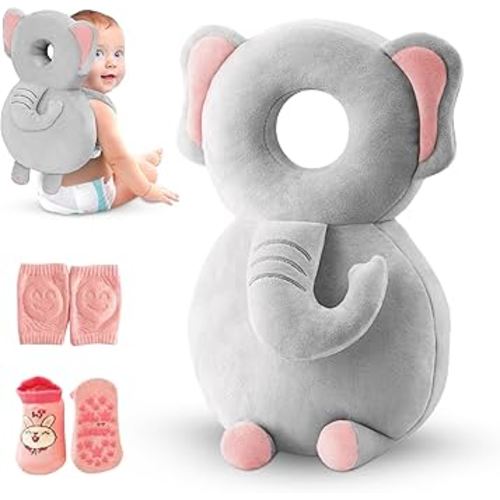 Baby Head Protector Backpack – Toddler Safety Cushion for Crawling & Walking – Infant Fall Protection Pillow with Adjustable Straps – Comes with Knee Pads & Non-Slip Baby Socks (Elephant)