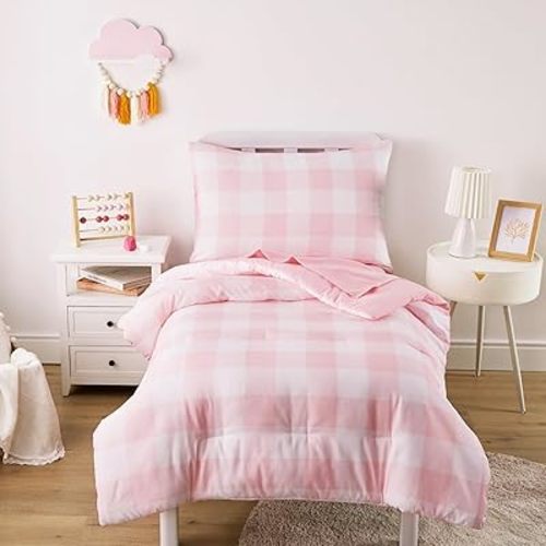 Wake In Cloud - Gingham Toddler Bedding Set for Girls Boys, Cute Plaid Buffalo Check, 4 Pieces Soft Crib Bed Set Including Comforter, Sheets and Pillowcase, Pink