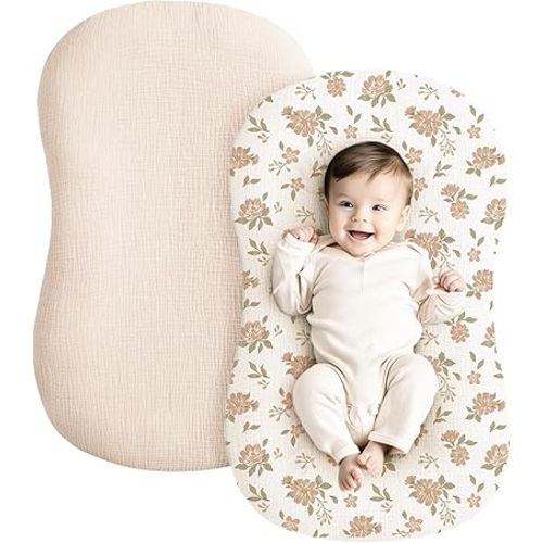 Konssy Muslin Baby Lounger Cover 2 Pack, 100% Cotton Newborn Lounger Cover, Soft and Breathable for Boys & Girls (Petal, Cream)