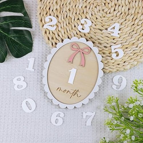 Baby Monthly Milestone Wooden Sign with Numbers and Stand – Natural Wood Milestone Board for Newborn Monthly Growth Photos – Cute 3D Flowers Photo Prop for Baby Milestone Memories (Light Pink Wooden)