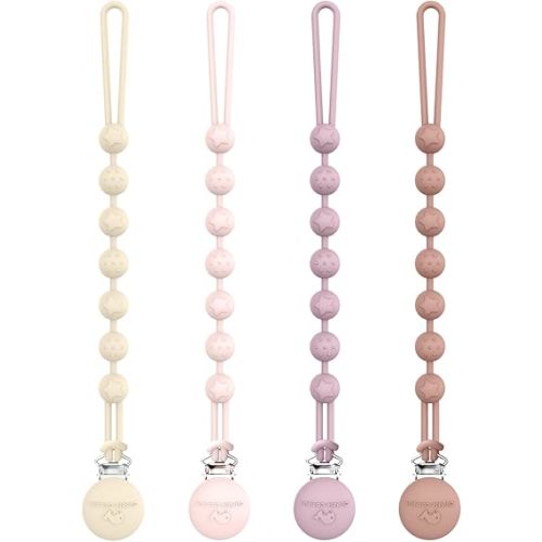 Cuddle Campus Silicone Pacifier Clip Holder with One Piece Design, Pack of 4 Soft Flexible Binky Clips with Texture for Baby Boy and Girl (0-6M) Set 5