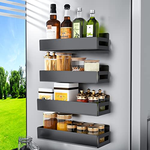 BIETCR Magnetic Spice Rack Organizer For Refrigerator, Magnetic Shelf For Refrigerator And Microwave Oven, Metal Kitchen Organizer For Space Saver (4 Pack Black)