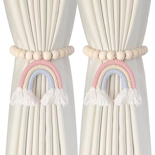 Curtain Holdbacks,Tie Backs for Curtains Cute Tassel Wooden Beads Curtain Tiebacks,Boho Rainbow Tiebacks for Drapes Curtains Sheer Home Bedroom Kitchen Office