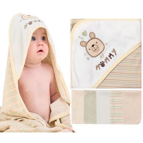 6 Pack 1 Baby Hooded Towel & 5 Washcloths Set, Premium Ultra Soft Reusable Organic Cotton Baby Bath Towel for Infant and Toddler, Unisex Babies' Gifts, White Bear, 37.5 x 37.5 Inch