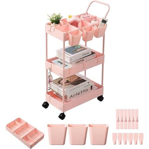 danpinera Slim Storage Cart, 3 Tier Narrow Rolling Cart on Wheels Bathroom Organizer Cart with Dividers Handle Hanging Cups Hooks for Laundry Room Kitchen Small Spaces, Pink