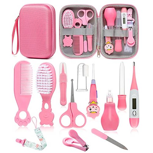 Baby Healthcare and Grooming Kit, Safety Newborn Nursery Care Set, with Hair Brush Comb, Nail Clipper, Thermometer, Pacifier Clip, Nasal Aspirator for Newborn Infant Baby Girls Boys (Pink.)