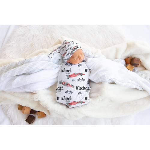 Red Race Car Swaddle Set, RaceCar Swaddle Blanket, Personalized Baby Blanket, Car Nursery Theme, Newborn Blanket, Race Car Baby Blanket T71