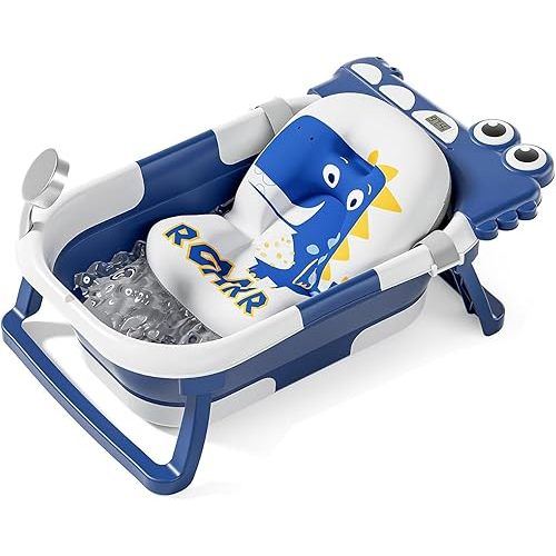 TPN Collapsible Baby Bathtub for Infants to Toddler with Real-time Temp Monitor+Floating Cushion,Foldable Baby Bath Tub Set Applicable 0-36 Month,Perfect Portable Travel Baby Tub for Newborns Boy
