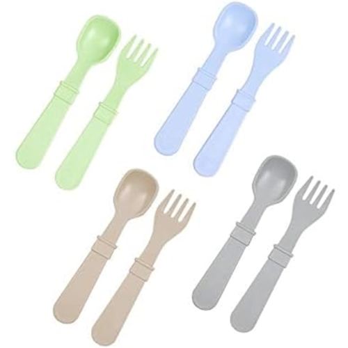 Re-Play Made in USA Toddler Forks and Spoons, Pack of 8 Without Carrying Case - 4 Kids Forks with Rounded Tips and 4 Deep Scoop Toddler Spoons - 0.2" Thick Toddler Utensils, Meadow