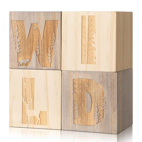 4 Pcs Woodland Nursery Decor Nursery Wood Shelf Blocks for Bedroom Playroom Gifts Wild Sign Woodland Table Blocks Decor for Boys Girls