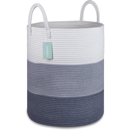 Large Laundry Hamper Basket for Girls Boys Kids 65L, Tall Nursery Hamper with Handles, Woven Blanket Basket for Storage Toys Clothes Towels, 16”x 20”, White & Gray