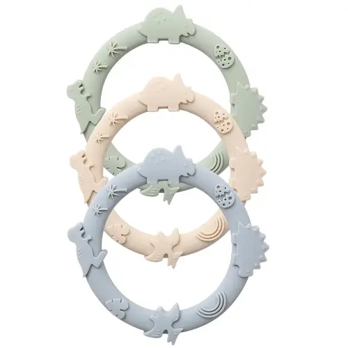 Silicone Teethers for Babies 0-6 6-12 Months Teething Toys for Infants Baby Chew Toys for Sucking Needs Baby Teething Rings for Infant Boys and Girls 3 Pack-Dinosaur-Blue