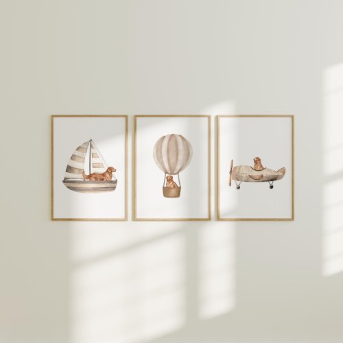 Golden Retriever Nursery Print Set, Airplane, Sailboat, Hot Air Balloon (Digital Download)