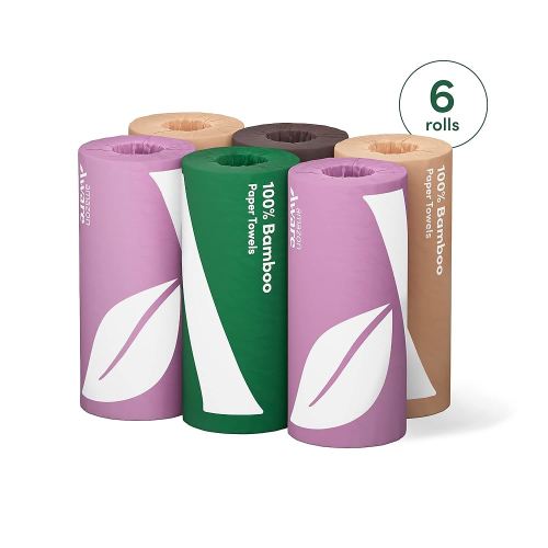 Amazon Aware 100% Bamboo Paper Towels, 6 Rolls, 2 ply, FSC Certified, 150 Sheets, 900 Count, Plastic-Free, Multicolor