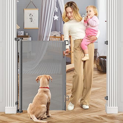 42 Inch Extra Tall Baby Gate for Stairs 55” Wide Retractable Anti-Scratch Mesh Gates for Kids or Pets Extra Tall Puppy Gates for The House One-Hand Operation Retractable Dog Gate for Doorway, Gray