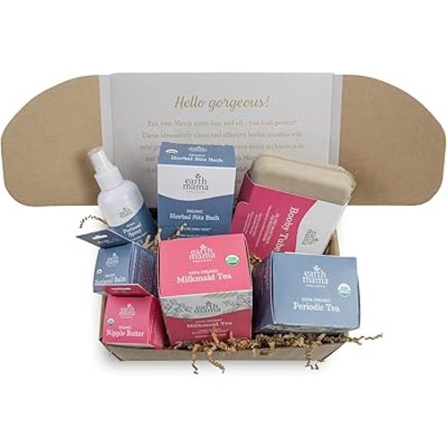 Earth Mama Postpartum Essentials Recovery Gift Set for Mom| Organic Self Care Gifts for Mom, Nipple Butter, Perineal Spray & Balm, Sitz Bath, Milkmaid & Periodic Tea and Booby Tubes, 7-Piece Set