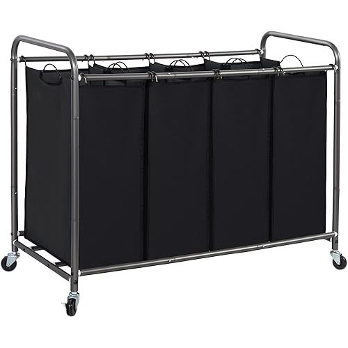 STORAGE MANIAC Laundry Sorter 4 Section, Hamper with Wheels and Removable Bags, Black