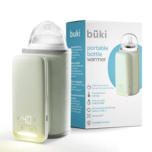 Büki Portable Bottle Warmer for Breastmilk or Baby Formula - Fast Heating + Leak-Proof + Adjustable Travel Warmer with Battery-Powered Temperature Display, Flashlight - 6000MAH Rechargeable Battery