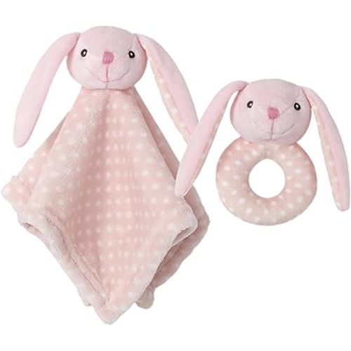 CREVENT Cozy Plush Baby Security Blanket Loveys for Baby Girls Boys, Stuffed Animal Ring Rattle Shaker Toy for Newborns (Bunny + Handbell)