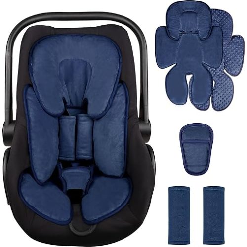 2 in 1 Infant Car Seat Insert Head and Body Support Set, Reversible Newborn Insert for Carseat with 3 Extra Strap Pads, Soft Stroller Cushion Pillow Insert Boys Girls, Fits for Stroller, Swing, Blue
