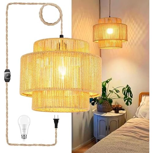 Plug in Pendant Light Hanging Lights with Plug in Cord Hanging Lamp Boho Rattan Dimmable Wicker Bamboo Woven Shade Hemp Rope Ceiling Light Fixture for Living Room Bedroom Kitchen