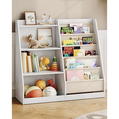 35.4" Kids Bookshelf and Toy Storage, 6 Layer Fabric Toddler Bookshelf, Kids Toy Storage Organizer, Sling Kids Bookcase, for Playroom, Bedroom, Nursery, Classroom, White MCW05WT