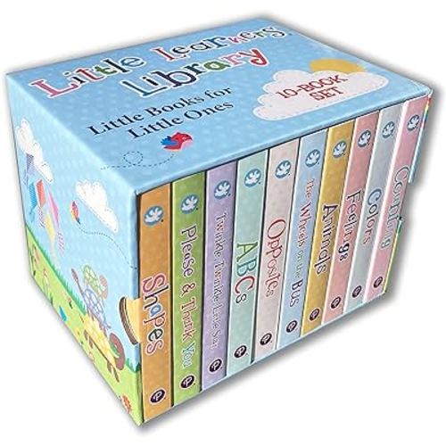 Little Learners 10 Board Book Library Set Includes Counting, Colors, Feelings, Animals, The Wheels on the Bus, Opposites, ABCs, Twinkle Twinkle Little Star, Please & Thank You, and Shapes