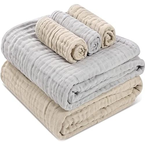 Muslin Baby Towels,2 Large Gauze Towels & 3 Washcloths, 6-Layer 100% Muslin Cotton for Sensitive Skin. Versatile as Towel & Blanket. Ideal for Baby Showers & New Moms (Beige Grey, 5 Pack)