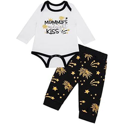 Baby Boy Outfit 2-Piece New Year Clothes Set Mommy's Midnight Kiss Romper + Pants Set