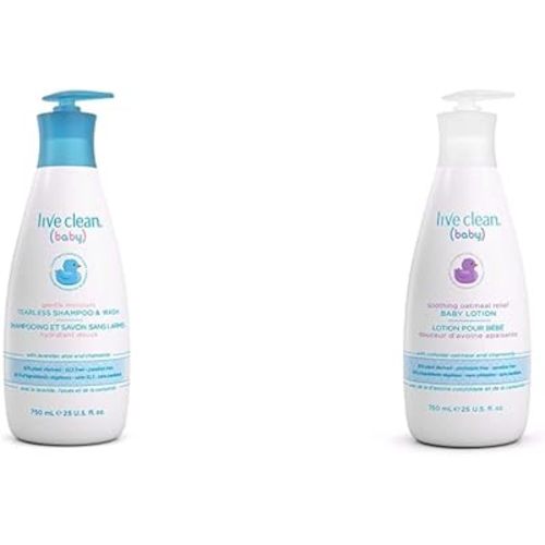 Live Clean Baby TEARLESS SHAMPOO & WASH 750 mL + Baby Lotion, Soothing Oatmeal Relief 750 mL | Organic Eco Friendly Bundle