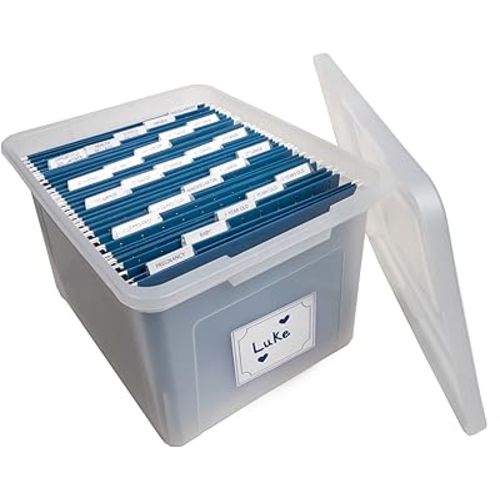 Kid's Craft Memory Keepsake Organizer Box - Clear Storage Latching Bin with Hanging File Folders and Custom Tab Inserts (Navy)