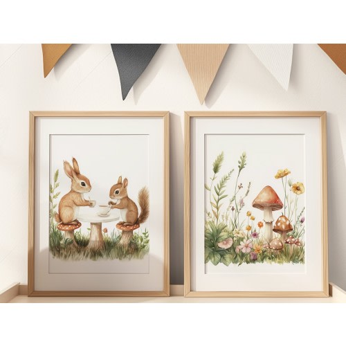 Tea Party Nursery Wall Art Woodland Animal Forest Prints Mushroom Art Forest Nursery Woodland Bunny Print Forest Nursery Decor Squirrel Art
