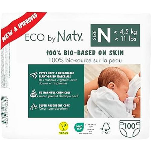 Eco by Naty Eco-Friendly Baby Diapers Newborn - 100% Plant-Based Materials on Skin, Extra Soft, for Sensitive Skin & Super Absorbent (Size N, 100 Count)