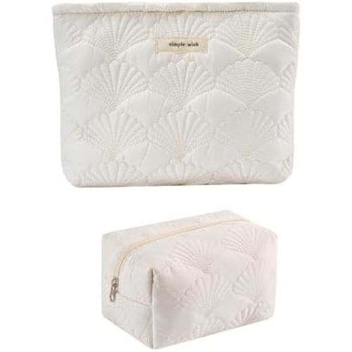 RSRSLEII 2Pcs Quilted Cotton Coquette Makeup bag, Coastal Granddaughter Aesthetic Cosmetic Bag, Cute Seashell Portable Travel Toiletry Pouch (2Pcs White)
