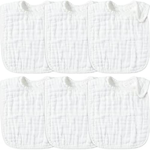 Zainpe 6Pcs Snap Muslin Cotton Baby Bibs White Feeding Bib with 6 Absorbent & Soft Layers Adjustable Drool Bibs Machine Washable Unisex Burp Cloths for 3 to 36 Months Boys Girls Infant Newborn Toddler