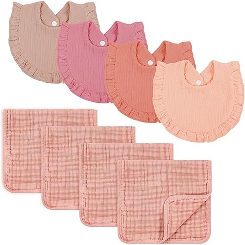 Omisy 4 Pack Burp Cloths & 4 Pack Muslin Baby Bibs Sets, for 2-36 Months Drooling Teething Girl Boy's Burp and Snap Bib