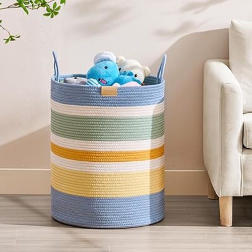 62L Laundry Hamper Basket,Baby Nursery Woven Storage Basket for Toys Bin,Pillows,Blankets,Clothes,Colorful Stripe