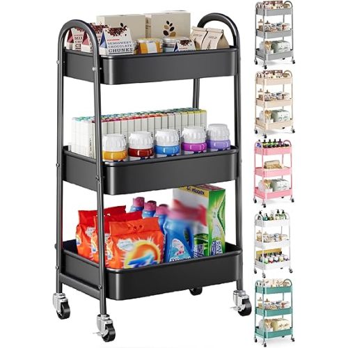 3 Tier Metal Rolling Cart with Wheels, Heavy Duty Three Tiered Craft Cart Organizer on Wheels, Black Utility Storage Trolley Carts fo Art, Snack, Baby Diaper, Nail, Kitchen, Laundry, Cleaning Supplies