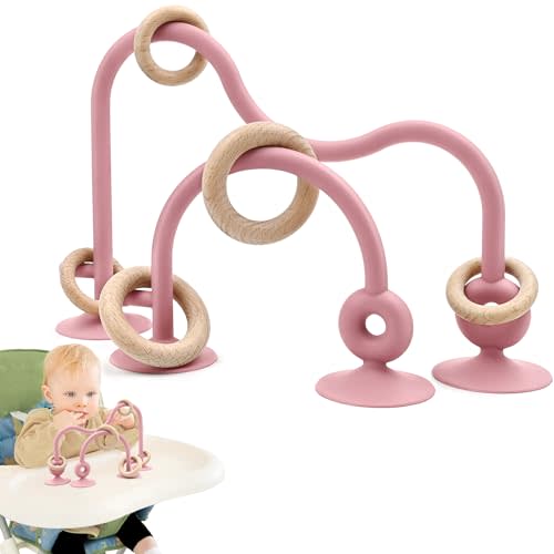 Baby Sensory Teething Chew High Chair Suction Toys for Infant Toddlers 6 12 18 24 Months, Food Grade Silicone Teether with Oak Loop Montessori Educational Baby Bath Toy Gifts (Dark Pink)