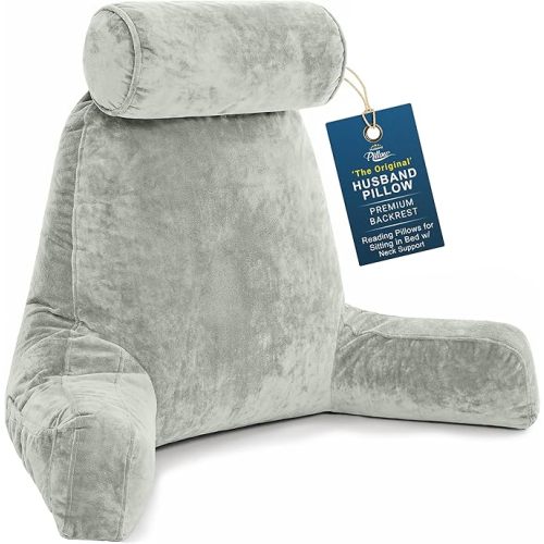 Husband Pillow XXL Reading Pillow for Bed Backrest with Arms - Desert Sage Adult - Unmatched Support Pillow for Sitting Up in Bed - Shredded Memory Foam Comfy Microplush Cover & Detachable Neck Roll