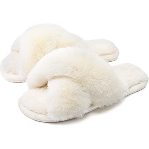 Womens Cross Band Slippers Cozy Furry Fuzzy House Slippers Open Toe Fluffy Indoor Shoes Outdoor Slip on Warm Breathable Anti-skid Sole