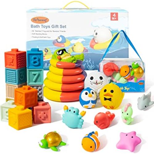 Baby Bath Toys No Hole Stacking Toys for Babies 6-12 Months Training Finger Sensitivity Bath Toys for Toddlers 1-3 Floating Swimming Ring Teething Toys for Babies 0-6 Months 27 Packs