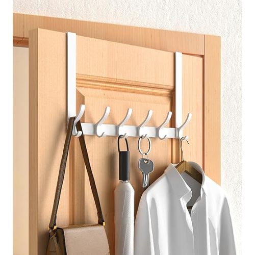 Over The Door Hooks Hanger with 11" Extended Arms for Easy Access by Women, Fits 1 3/4 Inches Door, Tool-Free Assembly, F11U - Towel Rack Organization, Coat Robe, Glossy White, 1 Pack