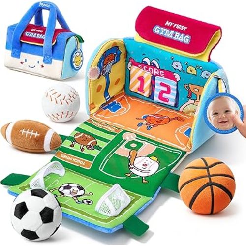 Joycat Baby Toys 0-12 Months, My First Sports Bag Plush Toy, 4 Sensory Balls with Multi-Game Court, Crinkle Rattle for 0-3-6-9-12 Month Newborn Tummy Time Toys, Baby Travel Toy Gifts for Boys Girls